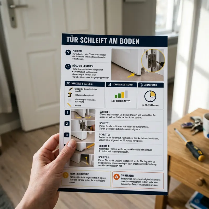 A4-Reparaturkarte zu einer schleifenden Tür in der Hand